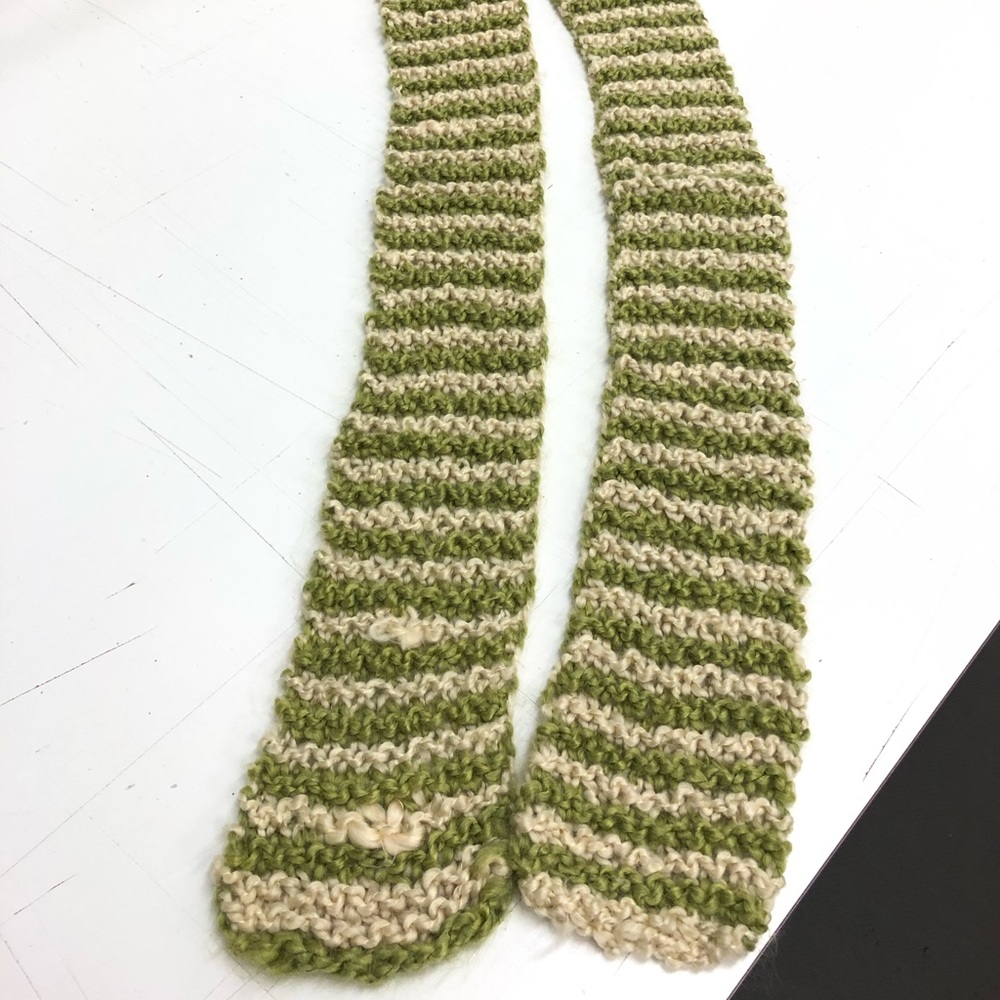 Hand knitted green and cream scarf